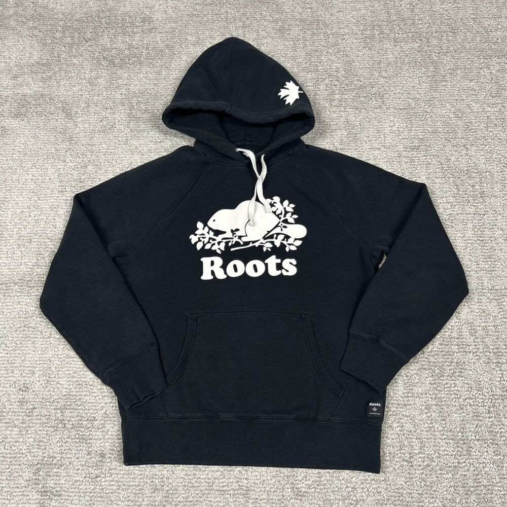 Roots Hoodie Womens Small Black White Logo Beaver Hooded Sweatshirt Cotton Mens
